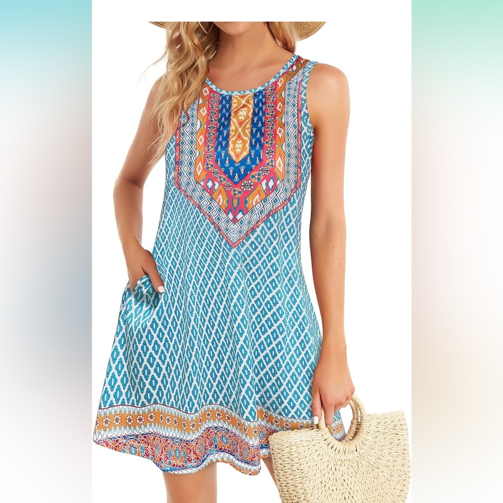 Elescat Women’s Beach Boho Sleeveless Vintage Floral Flowy Pocket Sundress